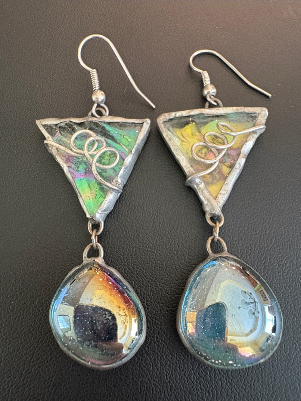 Artisan Handmade Dichroic Glass Iridescent Stained Glass Dangle Earrings OOAK - Picture 2 of 9